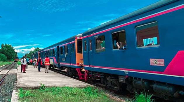 Blue train in railway station